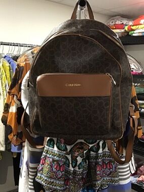 Calvin Klein Brown Monogram Backpack with Tan Accents